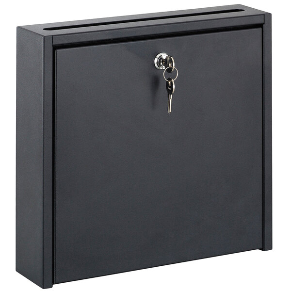 A black metal Safco wall-mountable interoffice mailbox with keys.