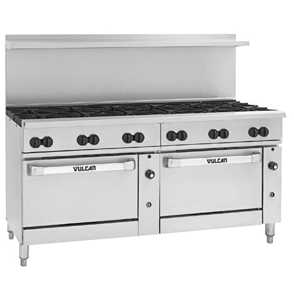 A Vulcan stainless steel commercial gas range with 12 burners and a refrigerated base.