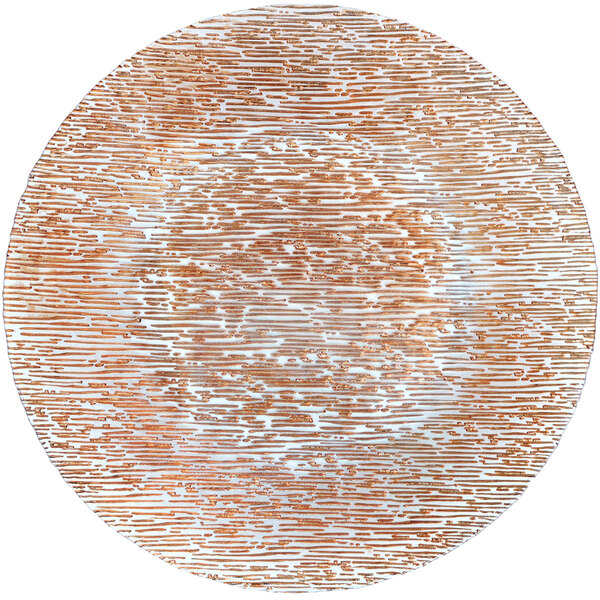 A Bon Chef glass charger plate with a white background and rose gold stripes.