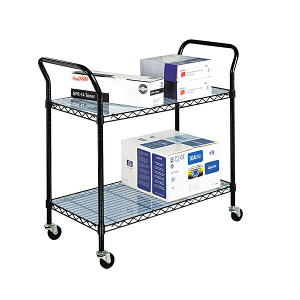 A black Safco utility cart with boxes on the shelves.