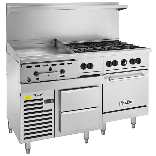A large stainless steel Vulcan commercial gas range with burners and a griddle.