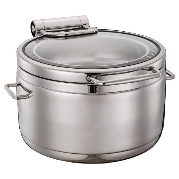 A silver Bon Chef stainless steel pot with a glass lid.
