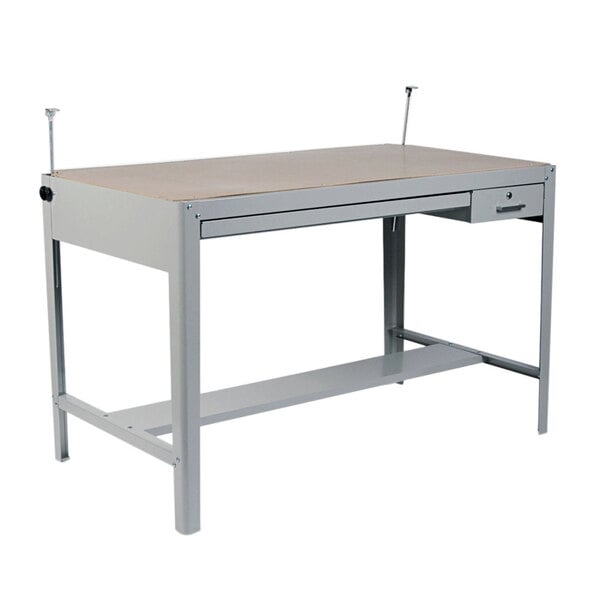 A grey metal work table.