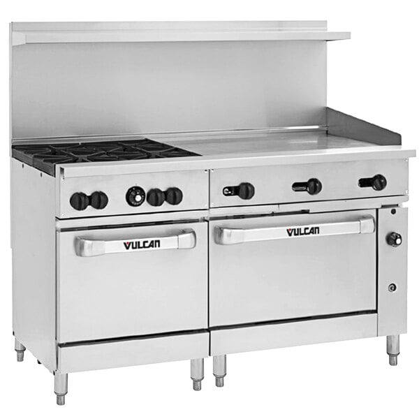 A Vulcan commercial gas range with 4 burners, a 36-inch griddle, and a refrigerated base.
