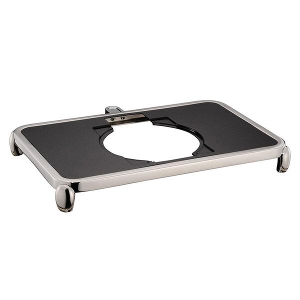 A black and silver rectangular tray with a hole in the middle for a Bon Chef Magnifico low profile induction stand.