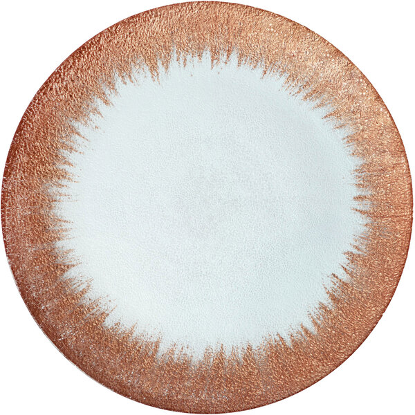 A white glass charger plate with a rose gold foil rim.