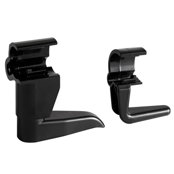 A pair of black plastic Lavex cord retainers for 12" upright vacuums.