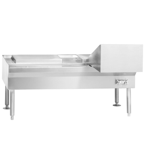 A stainless steel rectangular table with a sliding drawer under the top.