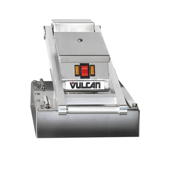 A Vulcan heavy duty electric griddle with a grooved steel plate and red and yellow buttons.