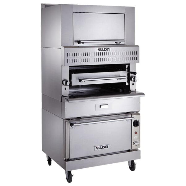 A large stainless steel Vulcan upright infrared broiler with finishing oven.