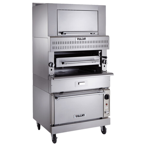 A large stainless steel Vulcan upright infrared broiler with finishing oven on a white background.