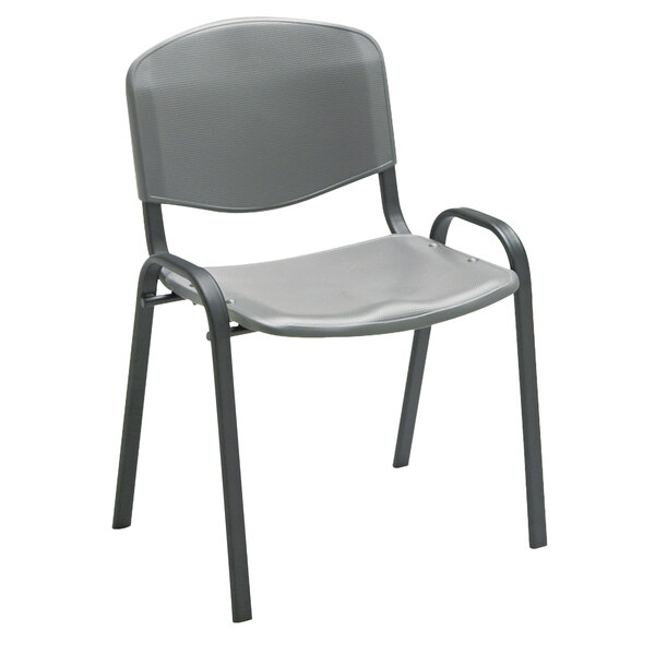 A Safco charcoal plastic contour stacking chair with a steel frame.