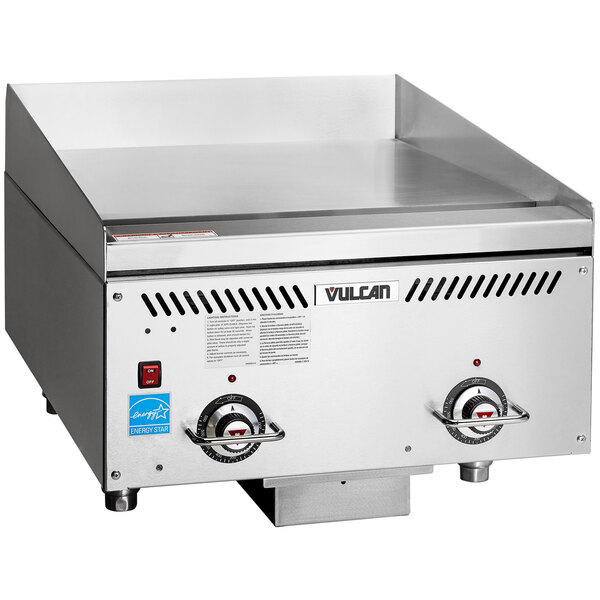 A Vulcan stainless steel griddle with two atmospheric burners.