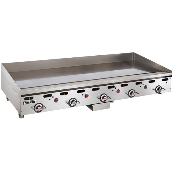 A Vulcan stainless steel countertop gas griddle with four burners.