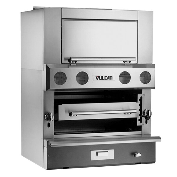 A stainless steel Vulcan V Series broiler with a door open.
