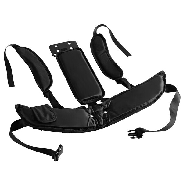 A black harness with straps and a shoulder strap.