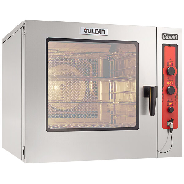 A close-up of a Vulcan liquid propane full size gas combi oven with a black and red dial and knob.