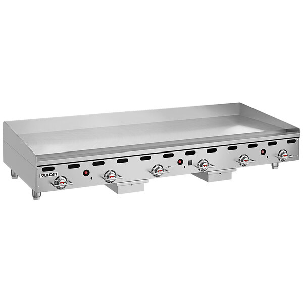 A Vulcan stainless steel countertop liquid propane griddle with knobs.