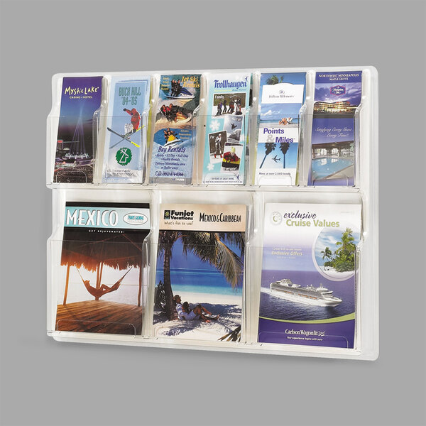 A Safco clear plastic literature display with 9 compartments holding brochures.