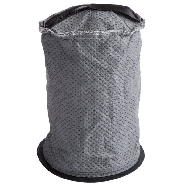A grey cloth bag with a black circle.