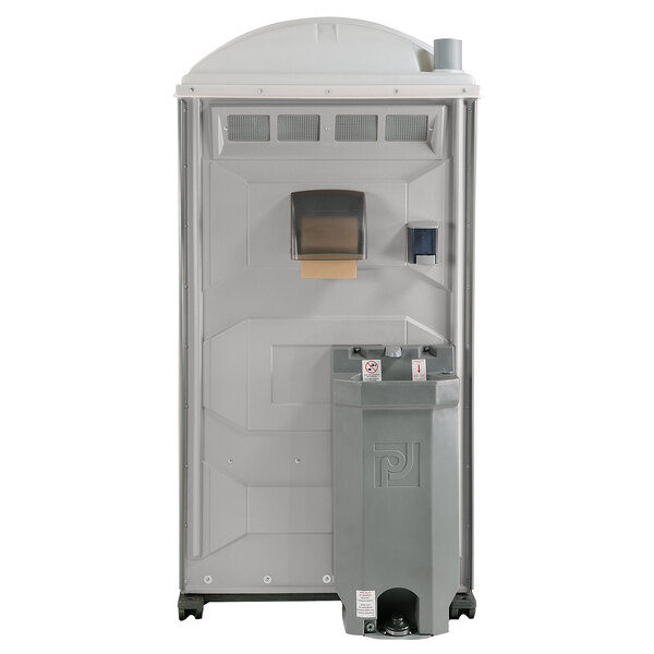 A PolyJohn light gray portable restroom with sink, soap, and towel dispenser.