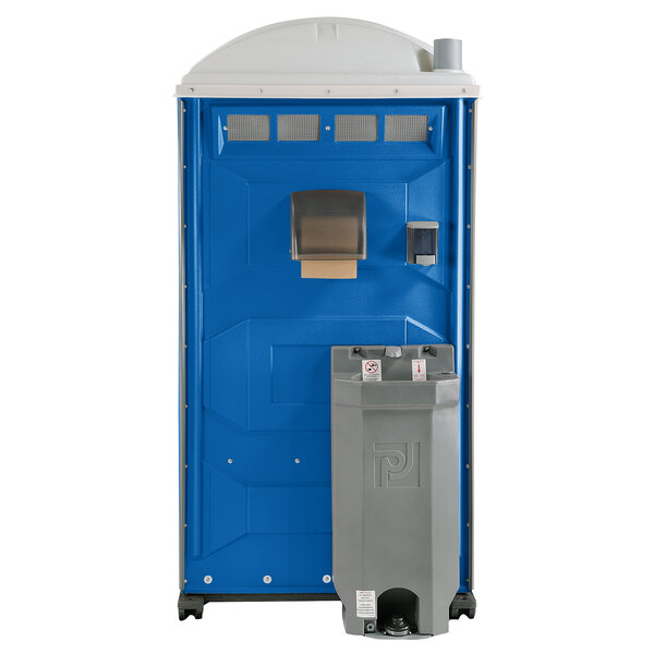 A blue and white PolyJohn portable toilet with a sink and towel dispenser.