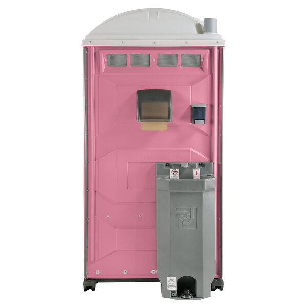 A pink PolyJohn portable toilet with a grey water tank.