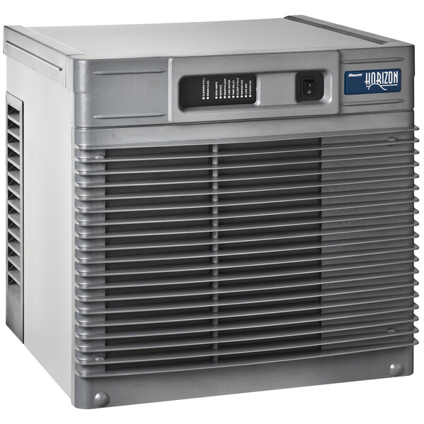 A grey rectangular Follett air cooled ice machine with a metal cover over a vent.