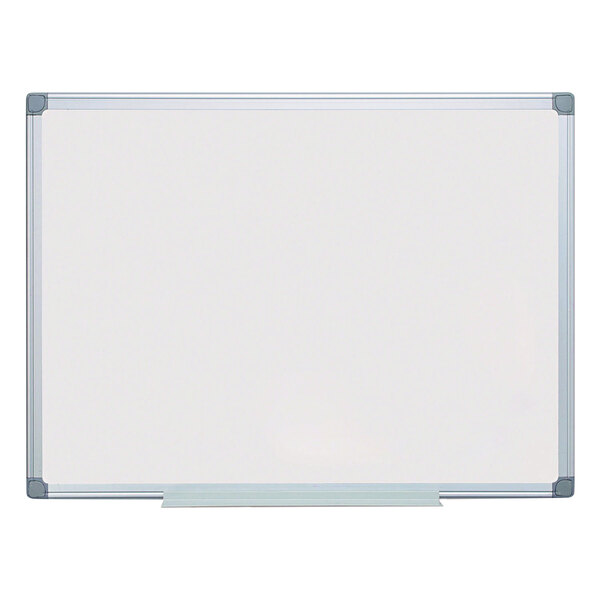 A white MasterVision dry erase board with a silver aluminum frame.