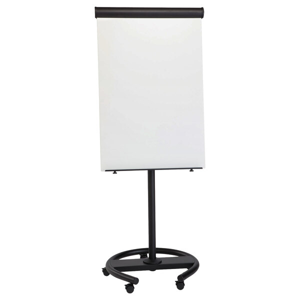 A white board on a black and white mobile stand.