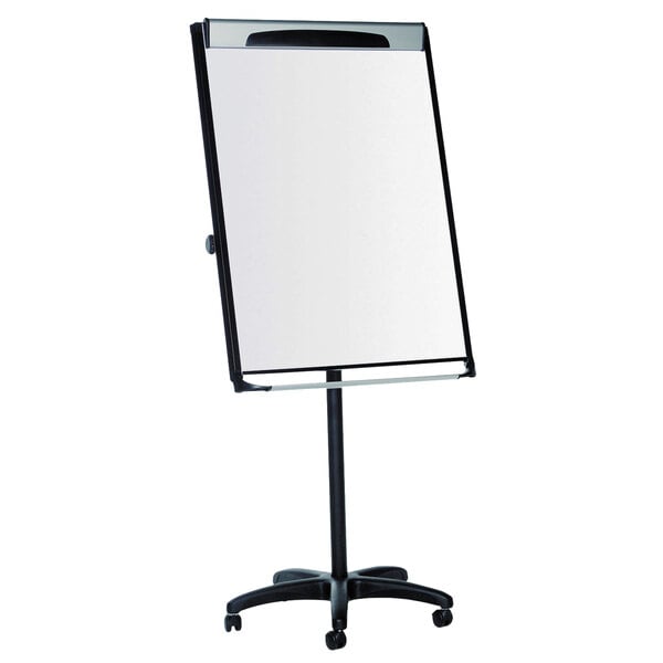 A white board with a black frame on a black stand.