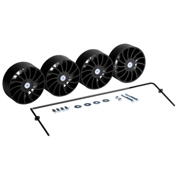 A row of black Rubbermaid wheels with screws and bolts.