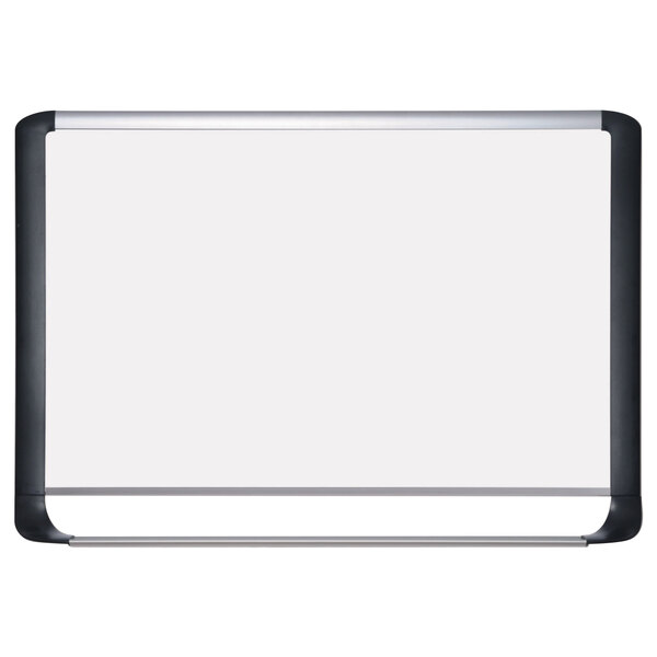 A white board with a silver frame and black corners.