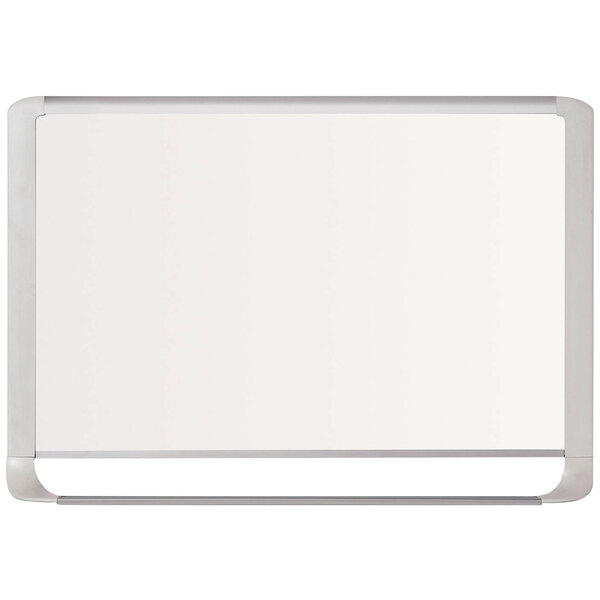 A white board with a silver border.