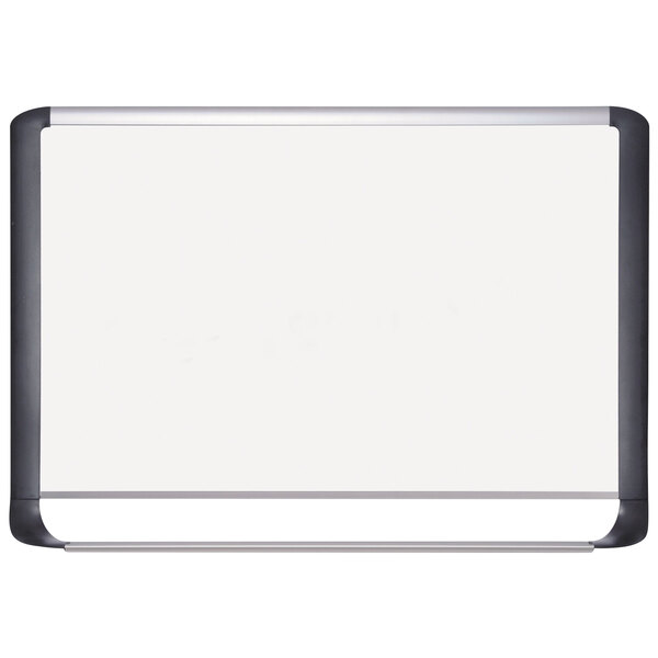 A MasterVision white board with a black frame and silver trim.