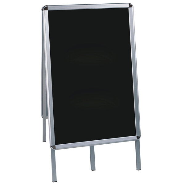 A black MasterVision A-Frame wet erase sign board with silver legs.