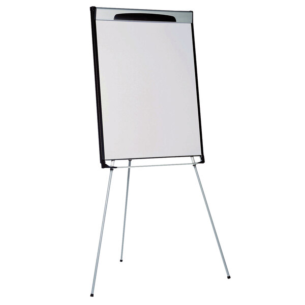 A white board with a MasterVision black and silver frame on a stand.