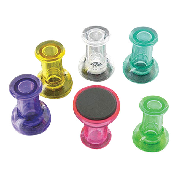 A group of colorful MasterVision push-pin magnets with black rubber stoppers.