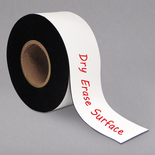 A roll of white and black tape with red text that reads "Dry Erase Magnetic Tape"