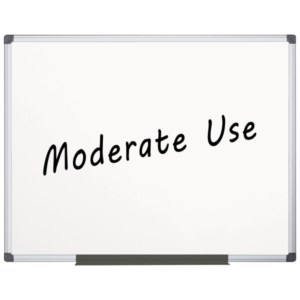 A MasterVision white melamine dry erase board with black text reading "moderate use"