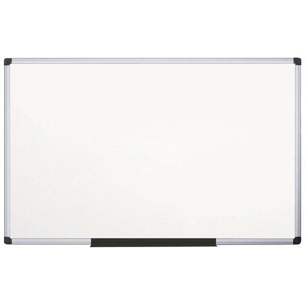 A white melamine dry erase board with a silver aluminum frame.