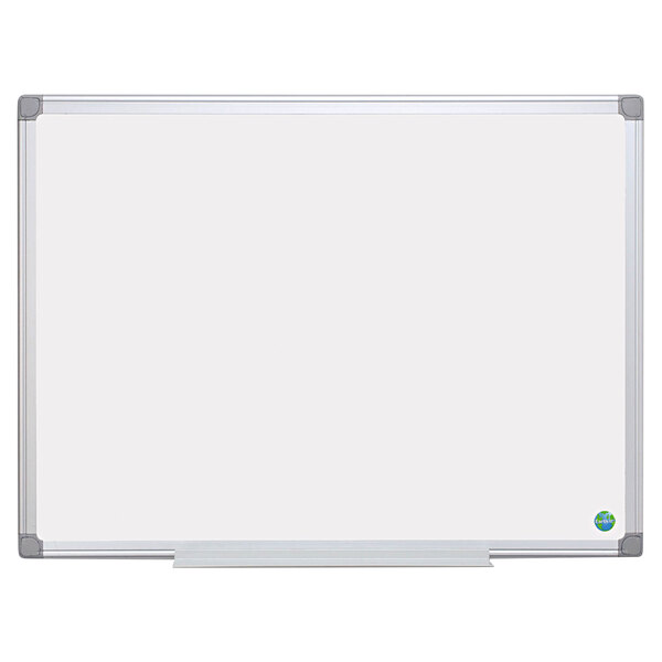 A MasterVision white reversible dry erase board with silver aluminum frame.