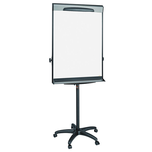 A whiteboard with a black frame on a stand.