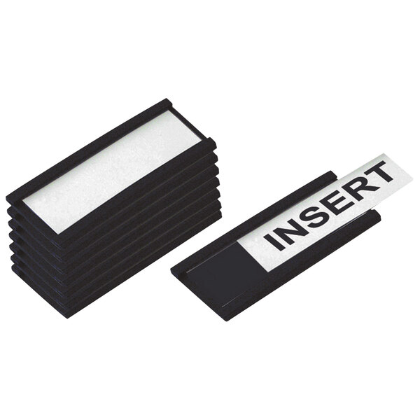 A stack of black and white MasterVision magnetic card holders with inserts.