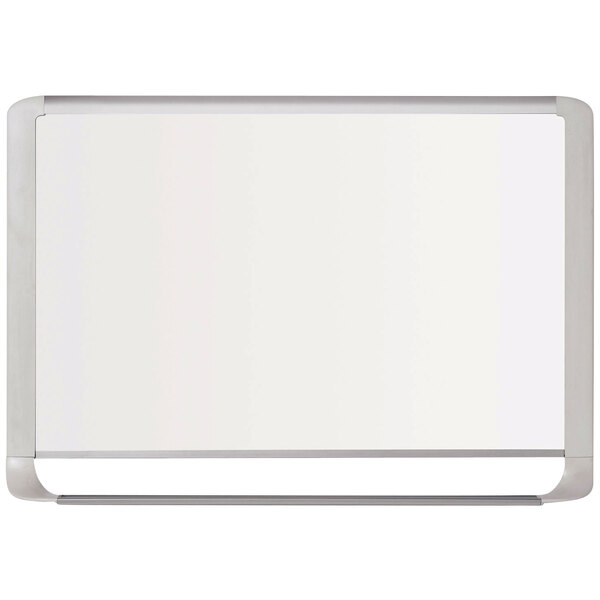 A MasterVision white board with a silver aluminum frame.