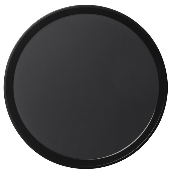 A black round Cambro serving tray with a black border.