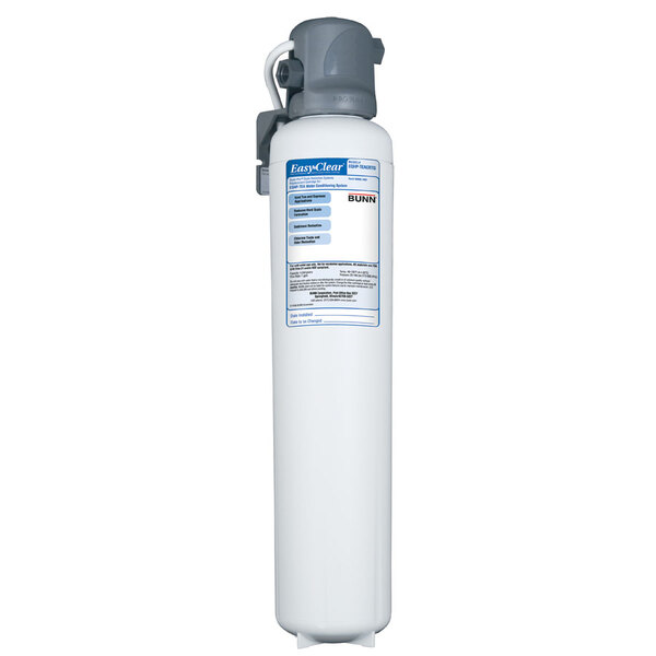 A white cylinder with a grey cap, and a blue and white label for "Bunn EQHP-TEA Easy Clear Water Softening System for Tea Brewers"