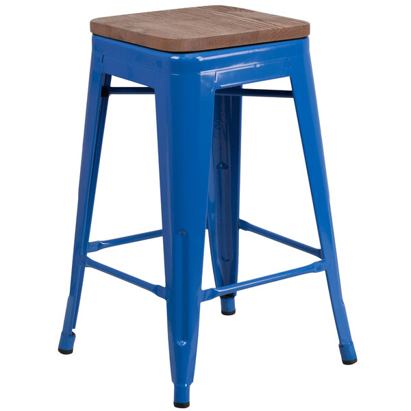 A blue metal stool with a wooden seat.