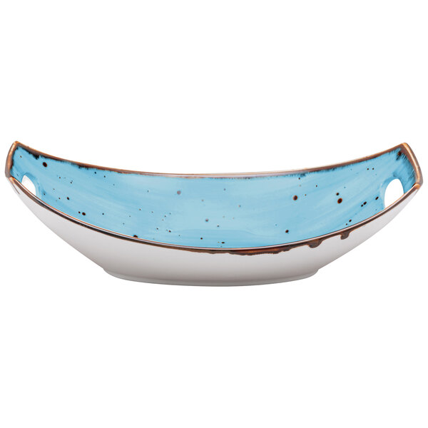 A white china oval bowl with blue and brown accents.