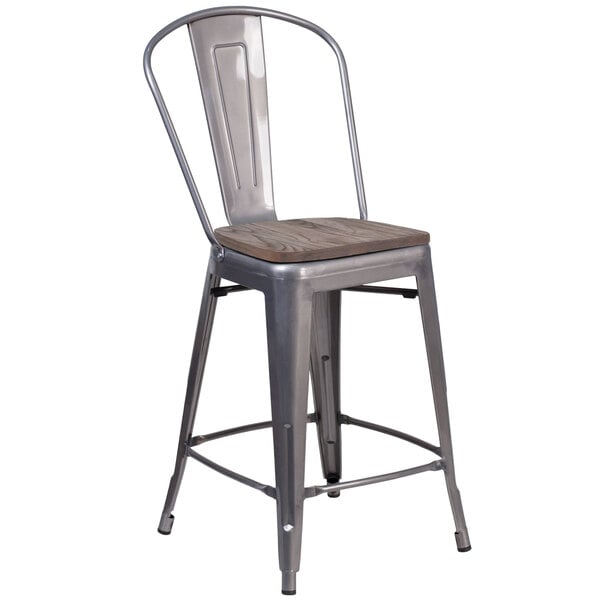 A Flash Furniture metal counter height stool with a square wood seat and vertical slat back.